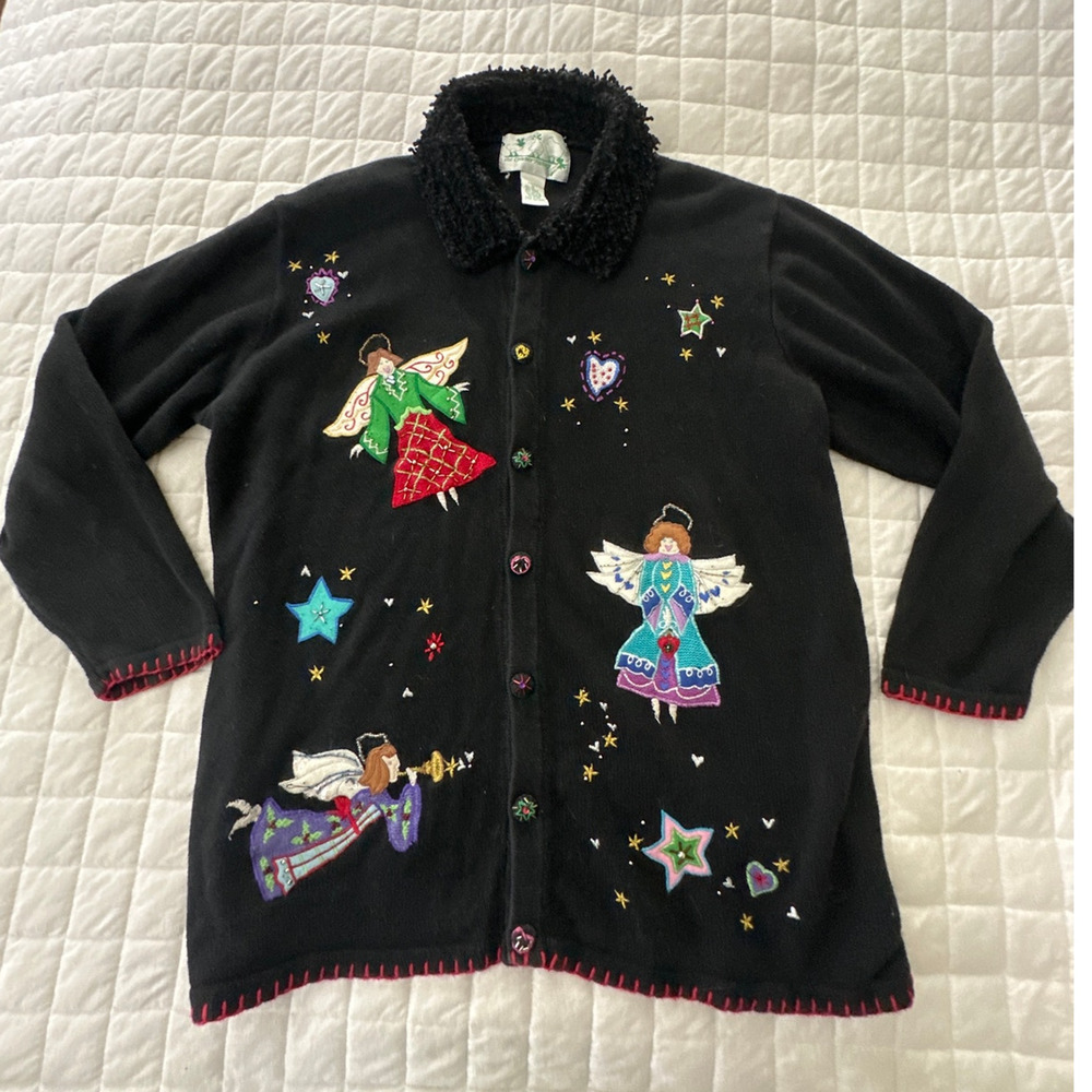 Vintage Quacker Factory Sweater 1X Black Embroidered Angels Holiday Christmas